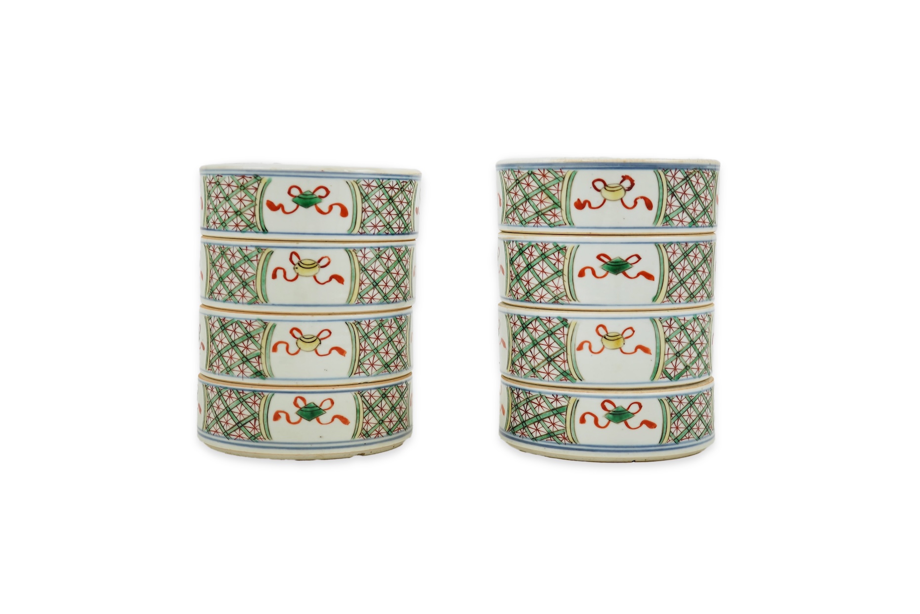 A pair of Chinese famille verte stacking containers, 18th/19th century